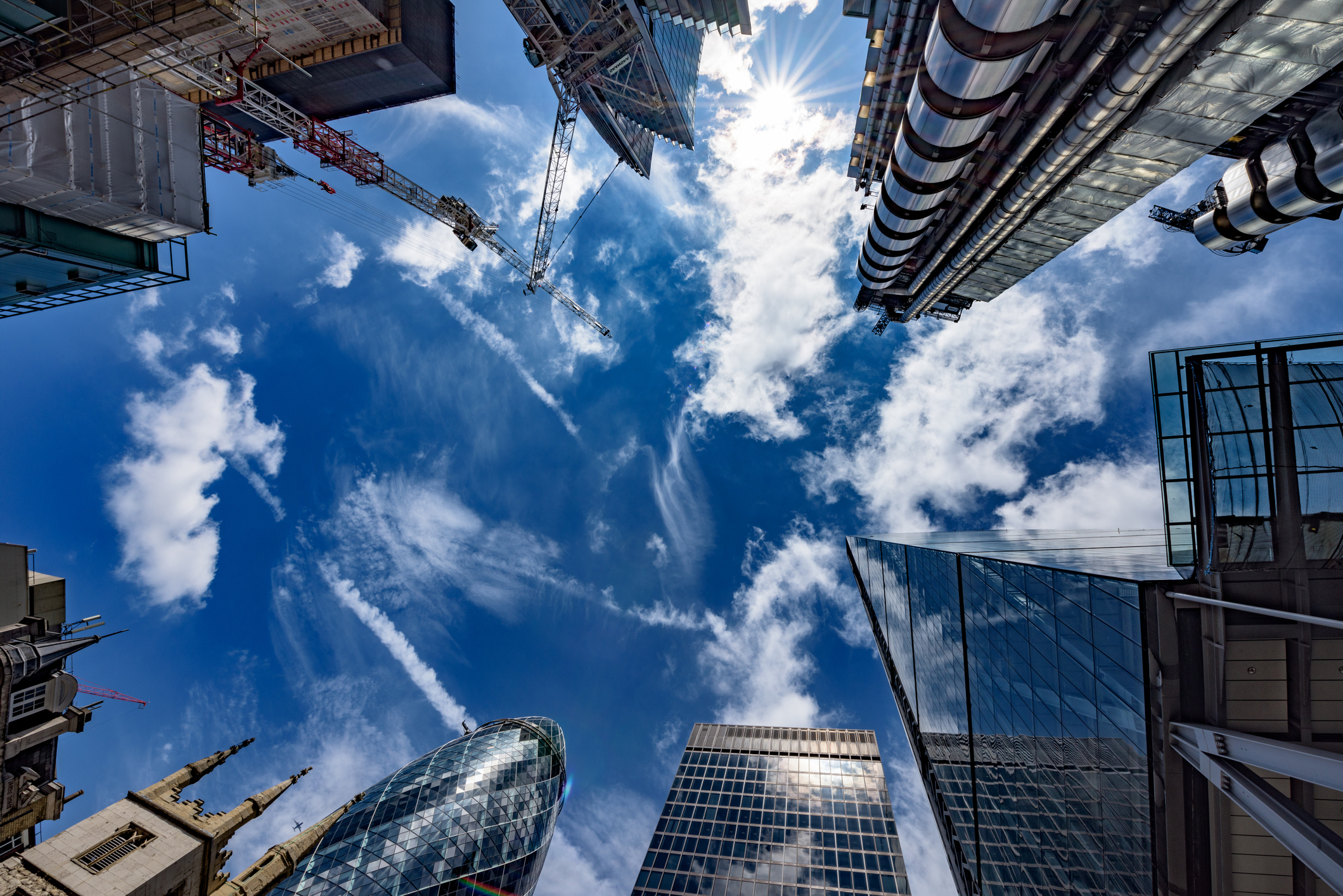 upwards view of city of London buildings 