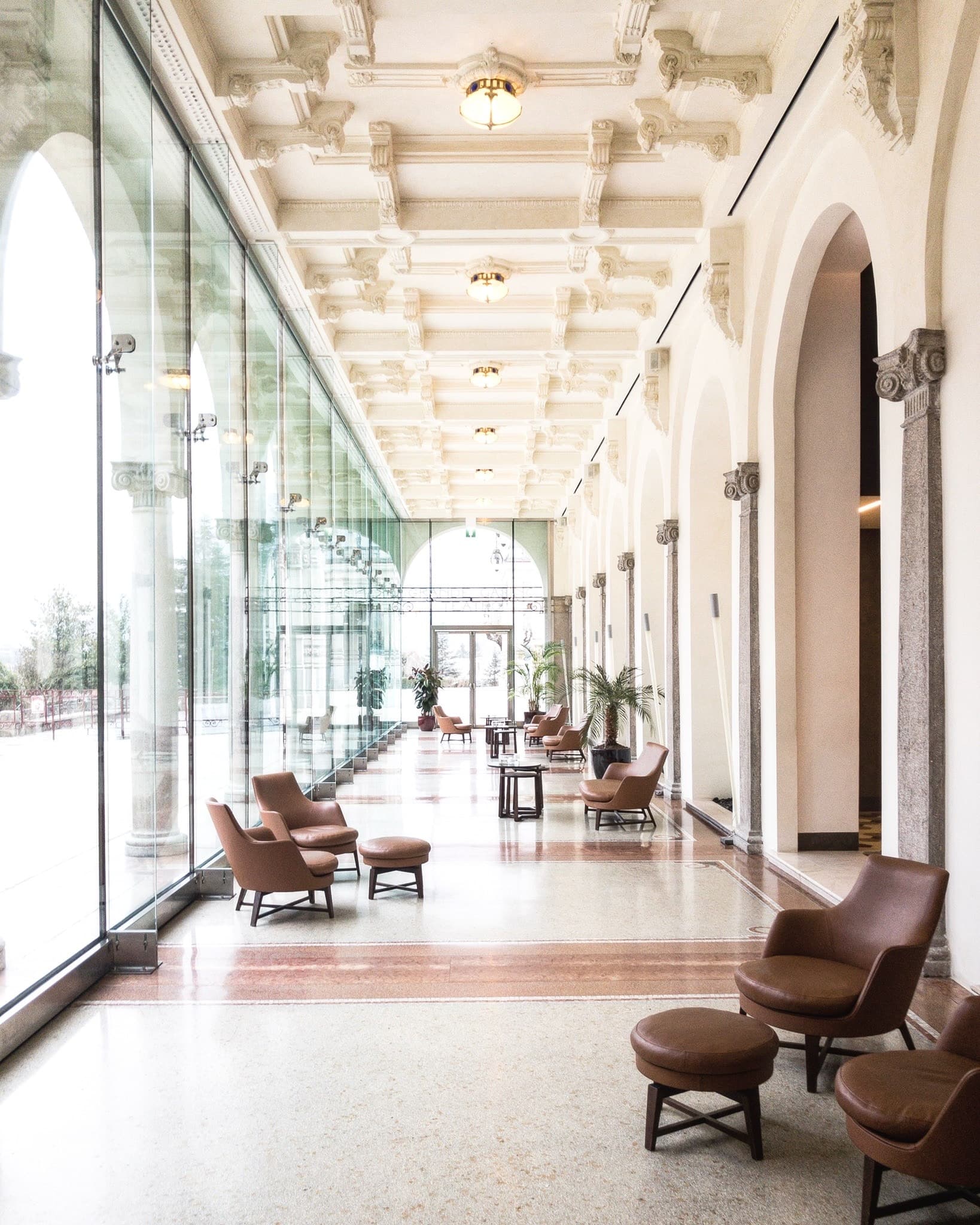 Seating area in light-filled modern lobby