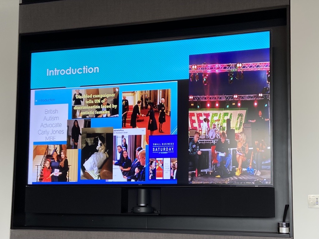 Screen shot of a powerpoint presentation featuring Carly Jones MBE speakiing at the Glastonbury Festival