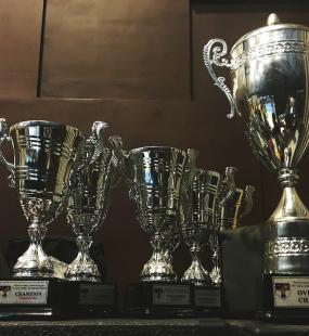 A collection of trophies sit on a shelf