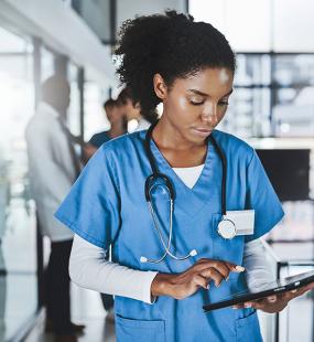 Nurse in blue scrubs