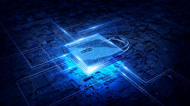 A holographic padlock on a motherboard