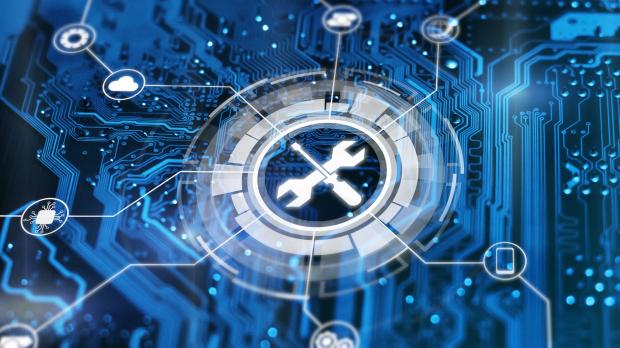 Blue Circuit board with cyber related icons overlaid